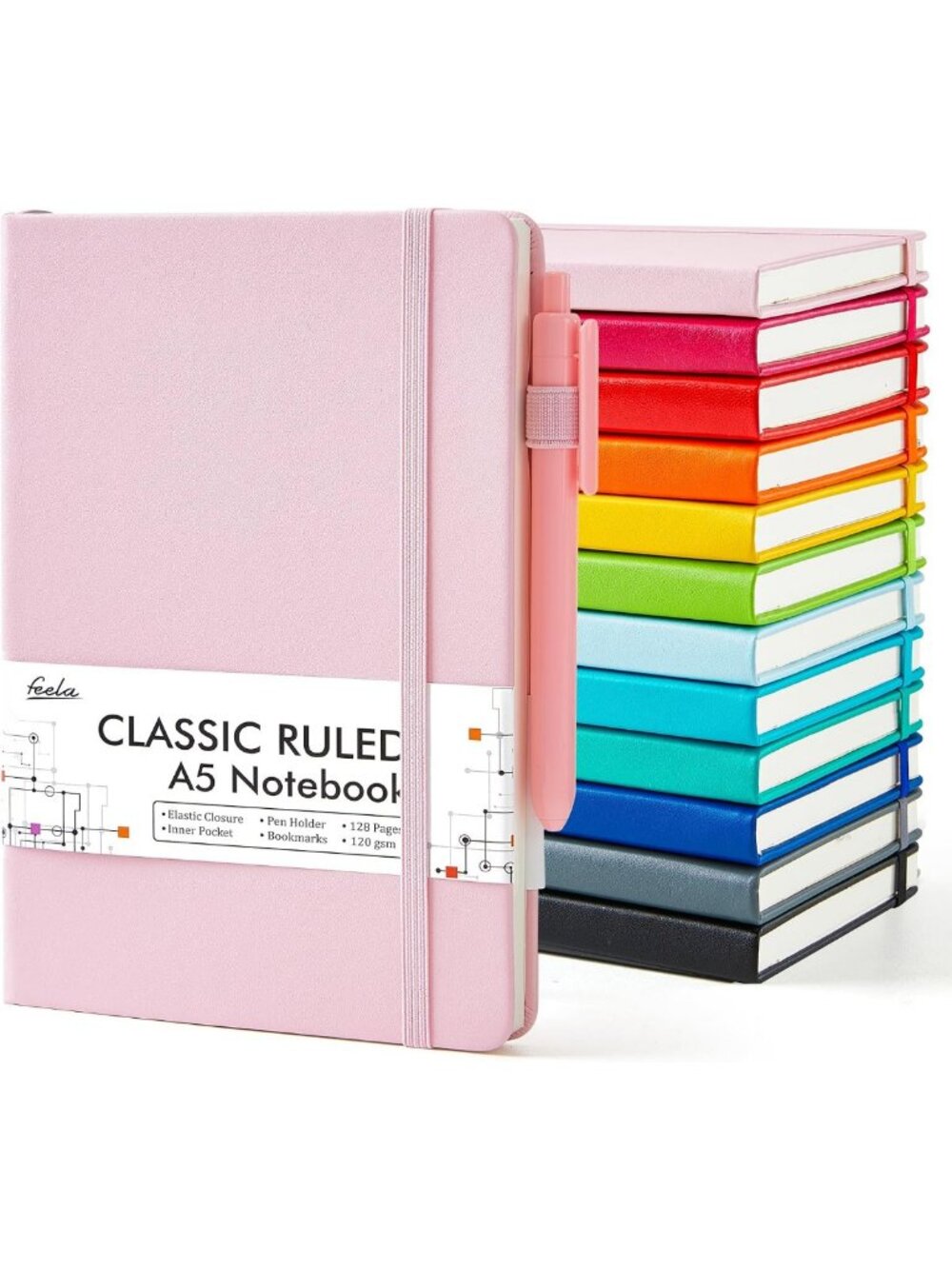 Hardcover Classic Ruled Notebooks Set with Pen Holder & 12 Black Pens, A5